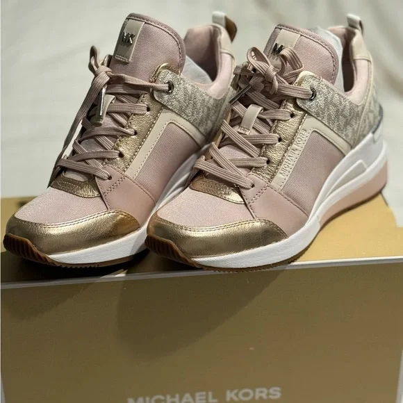 MICHAEL KORS MK Georgie Leather Logo Trainer Pink Rose Gold Women's Sneakers - Picture 4 of 16